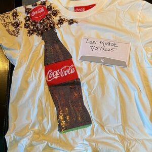 QUEEN OF SPARKLES Exploding Coca Cola White Tee with Red and Brown Sequin Design